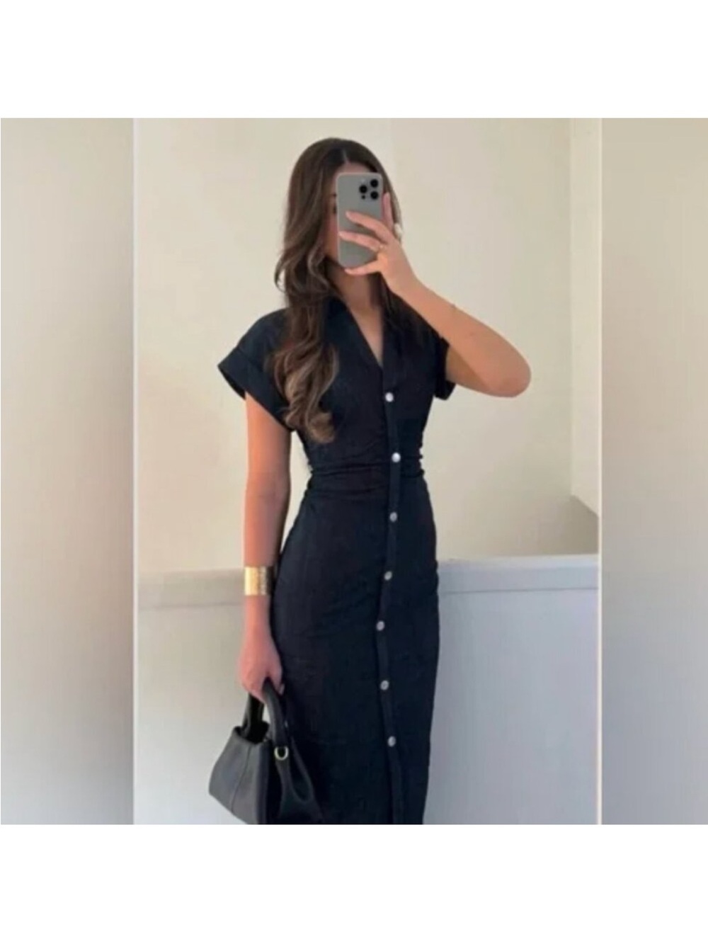 New ZARA Classic Black Button-Front Midi Dress